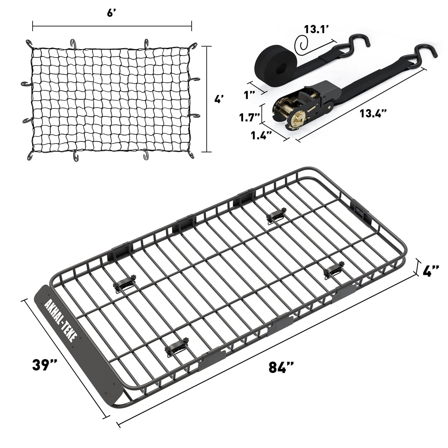 AKHAL-TEKE Roof Rack Basket, Upgraded 84"x 39"x 4" Roof Rack Cargo Carrier with 4' X 6' Super Duty Bungee Cargo Net, 2 pcs Ratchet Strap Fits for SUV Truck Cars