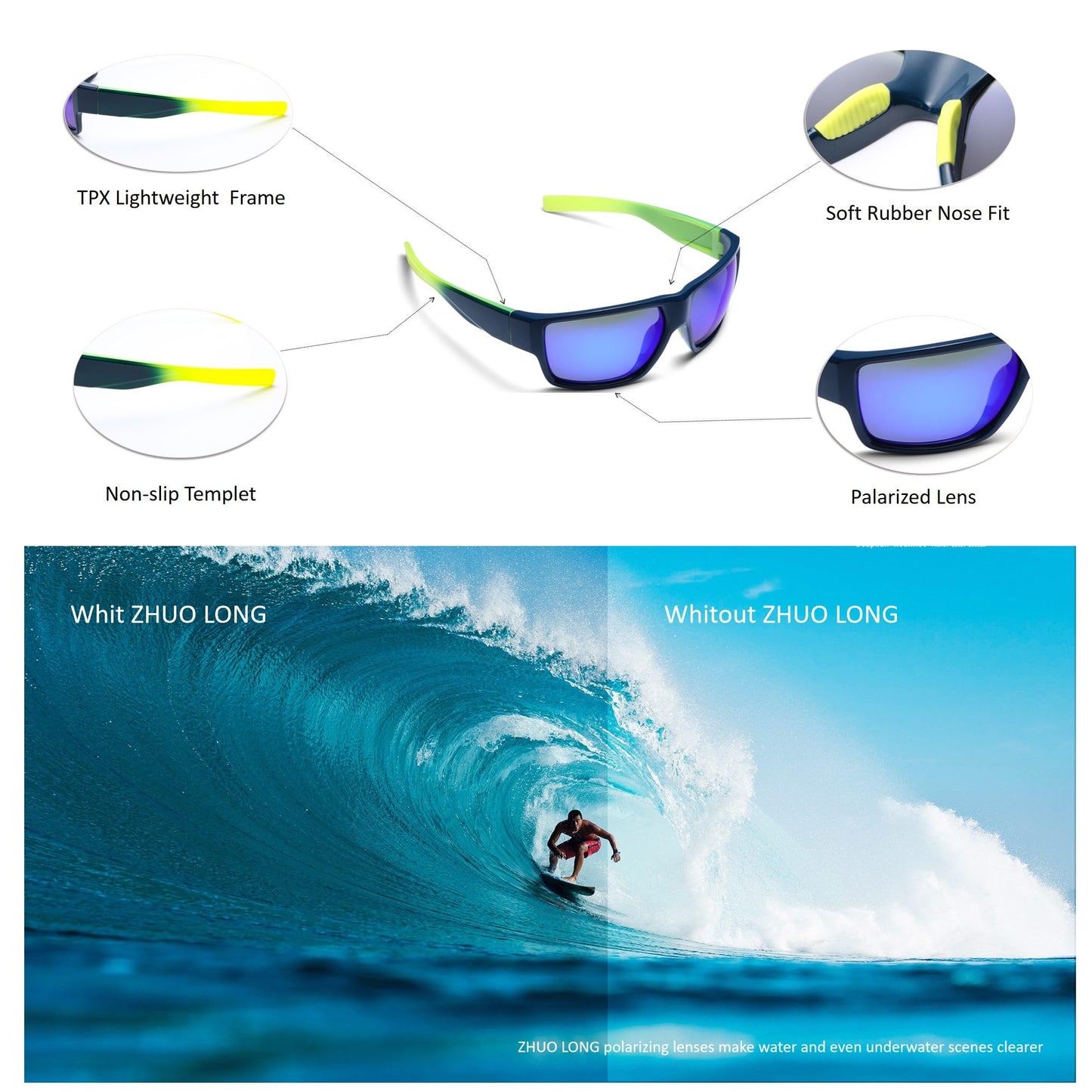 ZHUO LONG Floating Fishing Polarized Sunglasses for Men Women UUV400 Surfing Kayaking Water Sport Outdoor Sport Sunglasses