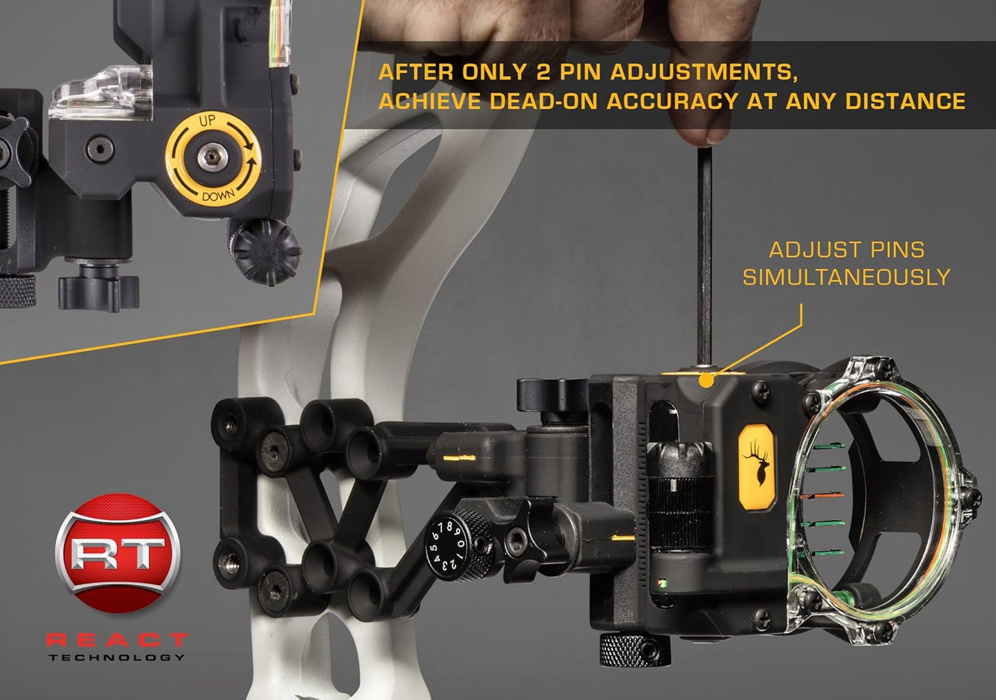 Trophy Ridge React H5 Bow Sight - 5 Pin Sight, Tool Less Windage and Elevation Adustability, 2nd Axis Leveling, Adjustable Click Light