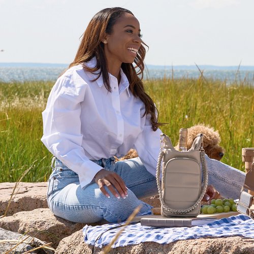 WanderFull® Original HydroBag® Vegan Leather, Fits Up to 32 oz Water Bottle Holder w/ 2 Straps, Hands-Free Crossbody Water Bottle Carrier Bag with Phone Pocket, Tumbler Accessories - Taupe