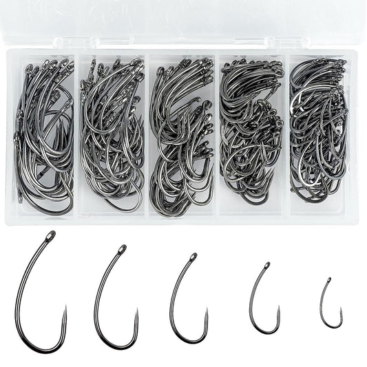 200pcs Barbless Fishing Hooks Kit Carp Fishing Fly Tying Hooks Circle Curve Shank Barbless Live Bait Carp Hair Rig Trout Freshwater Saltwater