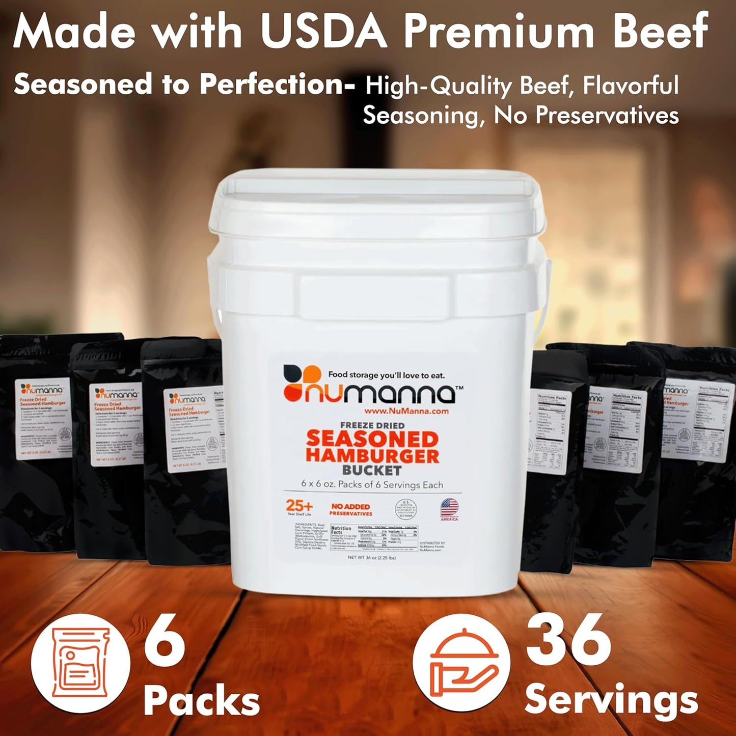 Numanna Freeze-Dried Seasoned Ground Beef Bucket 36 Servings | Over 25g Protein per Serving | Hamburger for Camping, Meal Prep, Pantry Staple, Emergency Survival Food | 25+ Year Shelf Life | USA Made