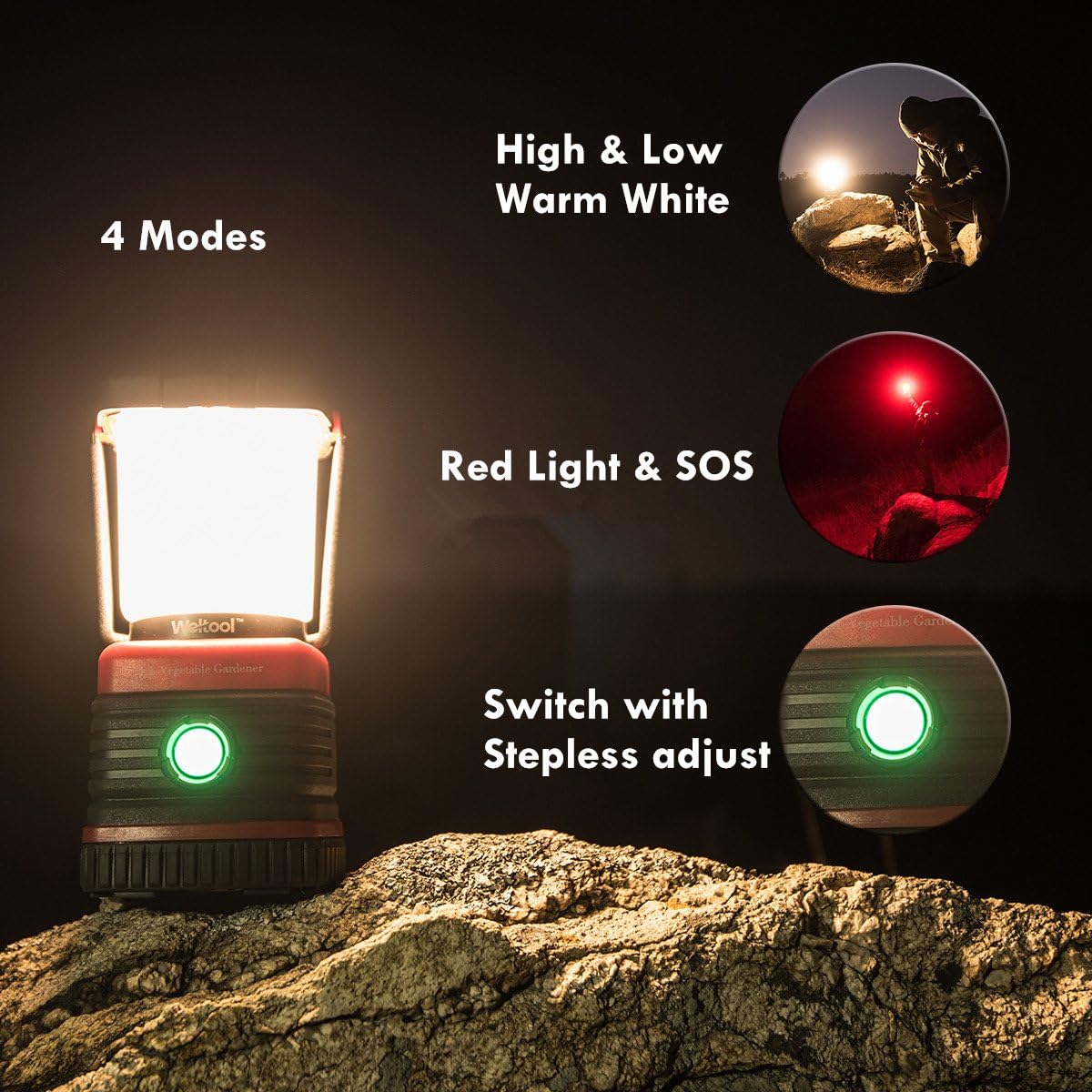 Weltool L1 3000K Warm White Portable LED Camping Lantern Dimmable with Red Light S.O.S Waterproof Shockproof for Hiking, Emergencies, Hurricanes, Outages, Hardware 3 D Alkaline Battery Operated