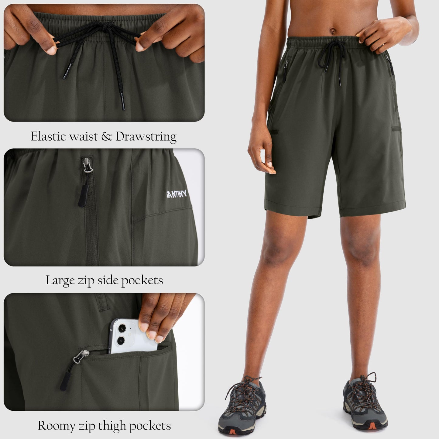 SANTINY Women's 5''/ 7''/9'' Hiking Cargo Shorts Quick Dry Lightweight Summer Shorts for Women Athletic Golf Zipper Pockets(Army Green_M)