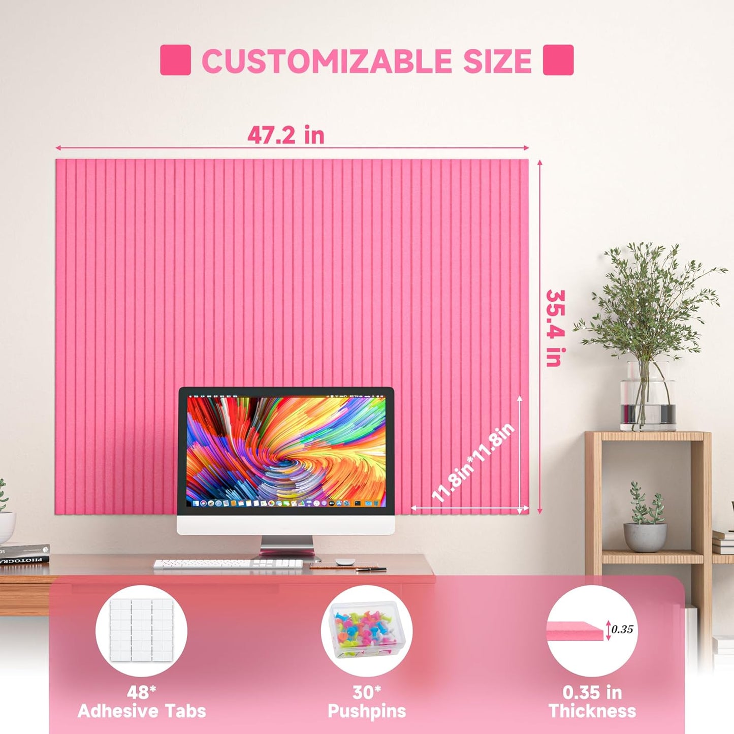 12Pcs 48" x 36" Large Cork Boards for Walls Alternative, 3rd Gen Felt Bulletin Board with Pins and Non-Marking Adhesives, Felt Wall Tiles for Office, Classroom, Living Room, Girls' Room, Pink