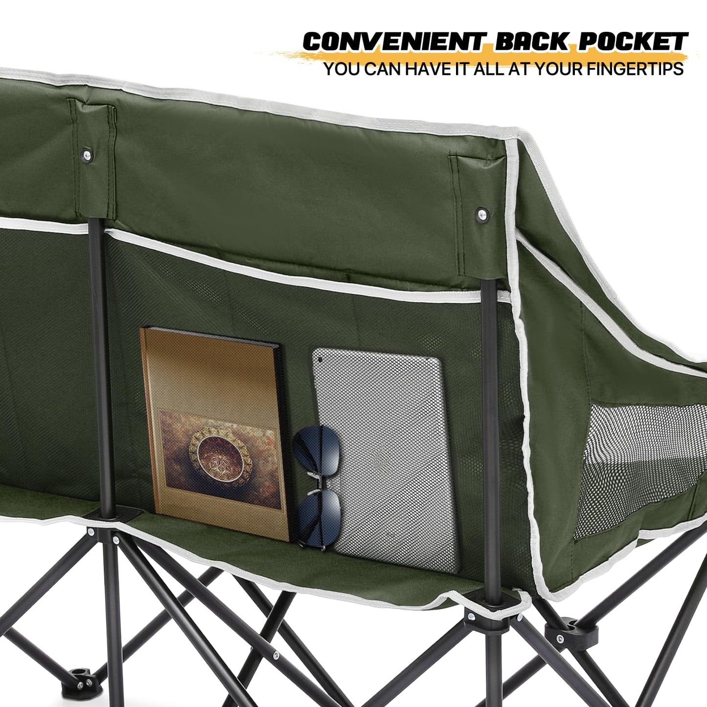 MoNiBloom Collapsible Double Camping Loveseat Chair Outdoor Beach Lawn Picnic Hiking Travel Portable Foldable Collapsible 2-Person Love Seat Camp Chair for Adults (Dark Green and Light Gray)