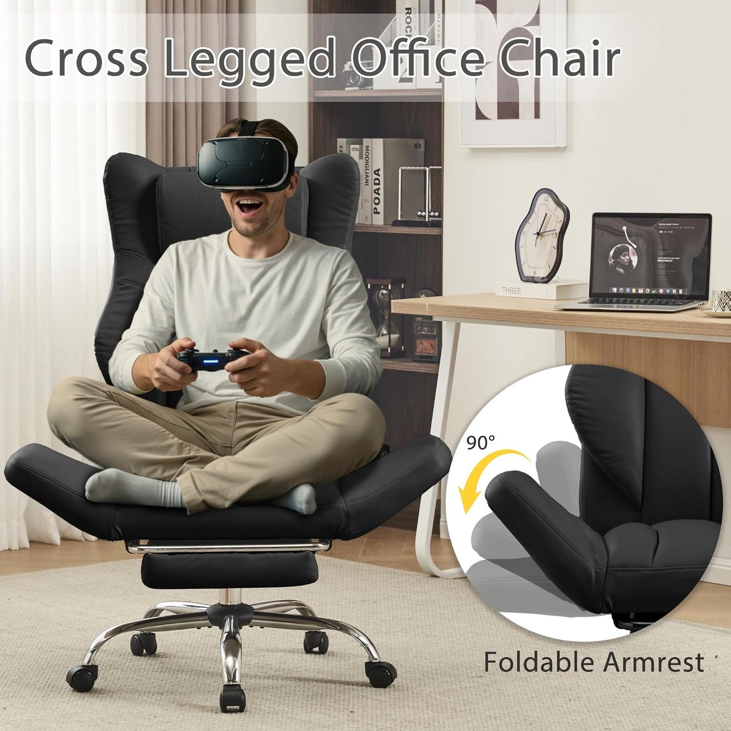 Ergonomic Cross Legged Office Chair with Footrest,Leather Big and Tall Executive Chair with Wheels,Reversible Armrest and Lumbar Pillow,135° Reclining Computer Wide Desk Chair for Home,Office (Beige)