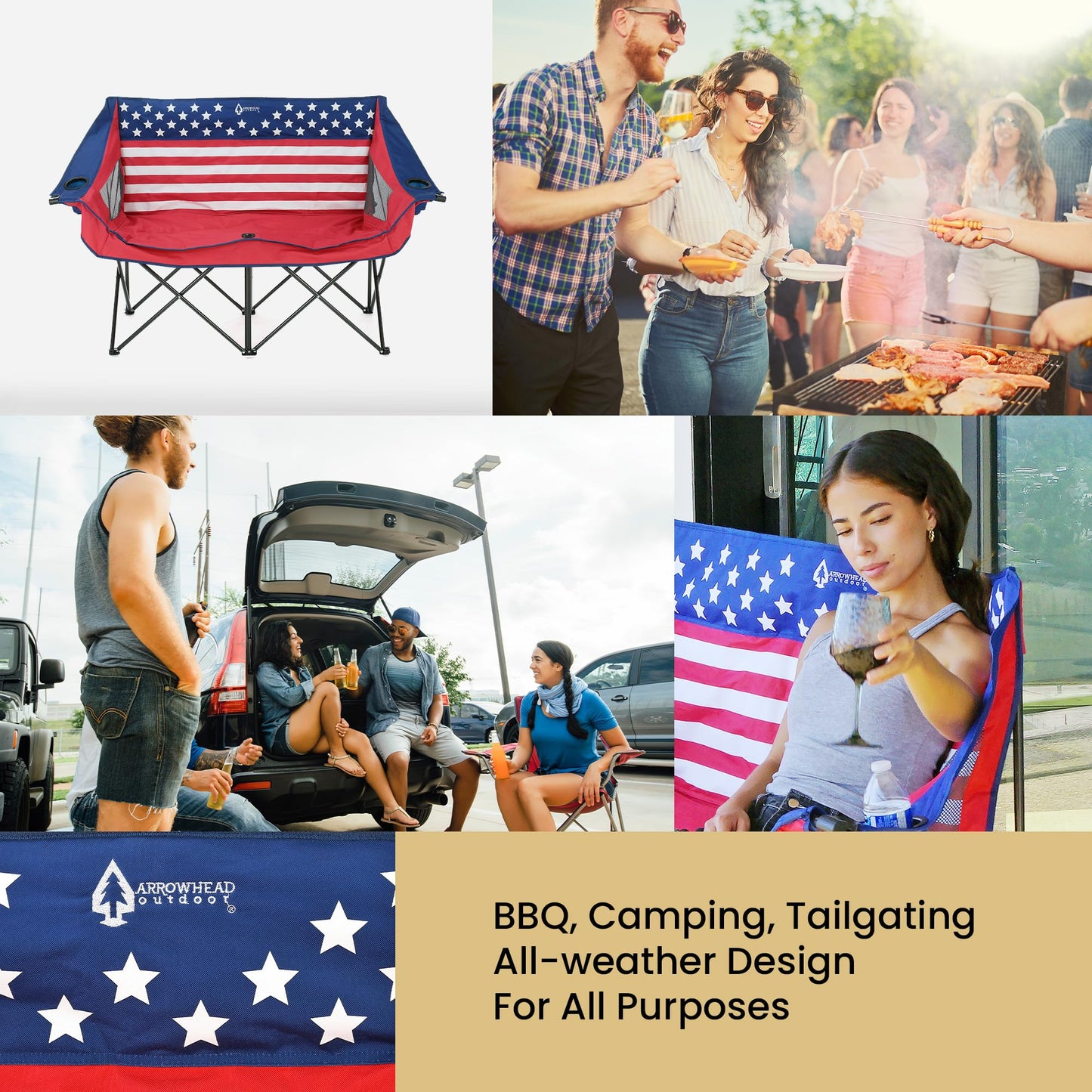ARROWHEAD OUTDOOR Portable Folding Double Duo Camping Chair Loveseat w/ 2 Cup & Wine Glass Holder, Carrying Bag, Supports up to 500lbs