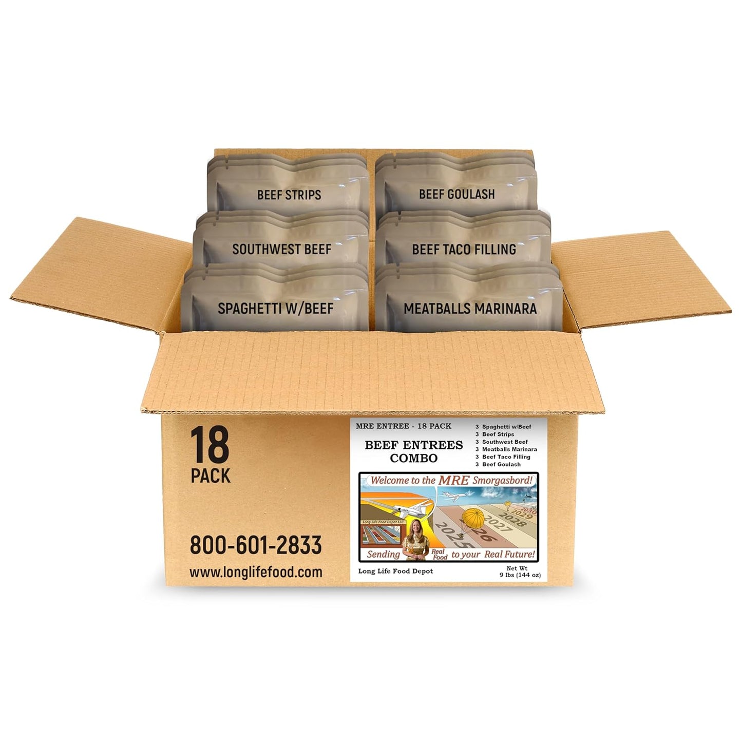 MRE Beef Entrees Combo (18-Pack) – Long Shelf Life – 2024+ Production Dates by Long Life Food Depot – Meals Ready to Eat