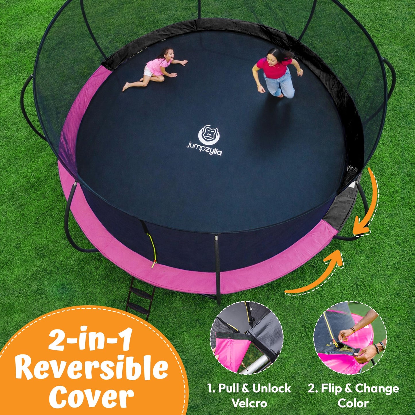 JUMPZYLLA Trampoline Outdoor 8FT 10FT 12FT 14FT 15FT 16FT with Enclosure and Ladder, ASTM Approved Recreational Trampoline for Kids and Adults, Anti-Rust Coated Frame (Pink, 14FT)