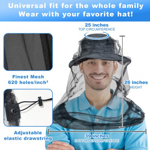 South to East Premium Mosquito Head Net for Insect, 2 Pack, Fly & Bug Protection | Ultra Large & Long, Extra Fine Holes for Camping, Hiking, Fishing, Gardening, Safari, Fits All Hats for Men & Women