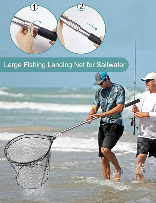 Avlcoaky Rubber Saltwater Fishing Net Large Fishing Landing Fishing Net with Telescoping Handle Kayak Fishing Nets Trout Salmon Fish Net with Bag Extend 70 to 94inch Net Depth 27.5inch