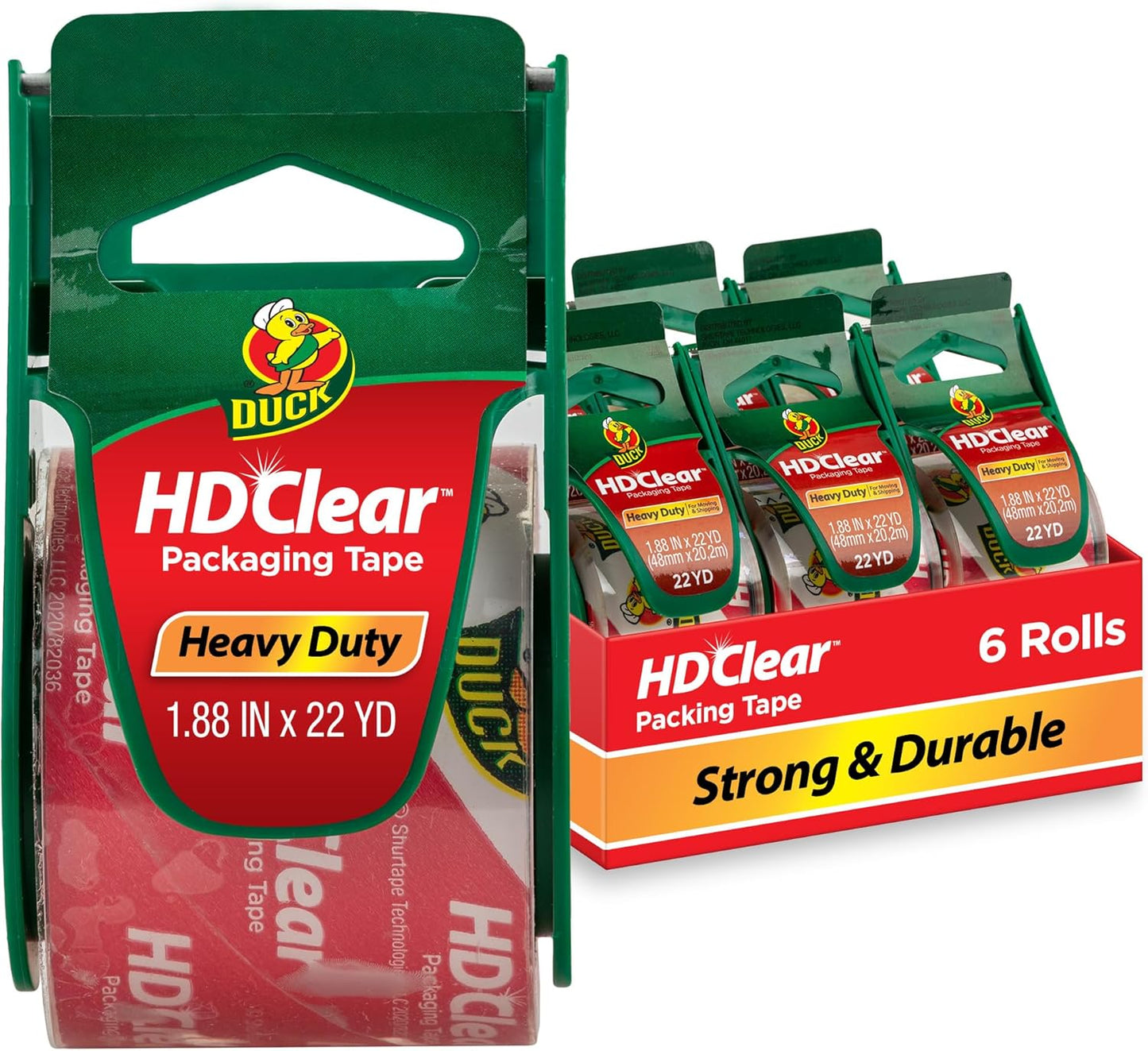 Duck HD Clear Packing Tape with Dispensers - 6 Rolls of Strong Heavy Duty Packing Tape for Shipping and Moving, Boxes and Packaging - 1.88 In. x 22.2 Yards - 1.5" Core - Clear (287732)