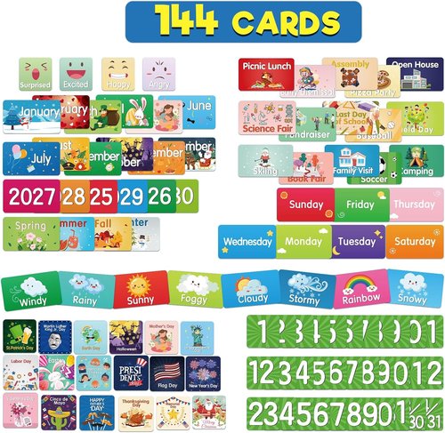 Classroom Monthly Calendar Pocket Chart with 144 Cards, Wall Calendar and Weather Chart for Kids Learning, Teacher Supplies for Kindergarten Preschool Elementary Homeschool