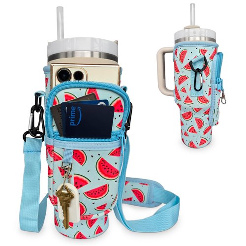 Uniquely Zia Stanley 40oz Tumbler Crossbody Bag with Adjustable Strap, Zipper Pocket and Key Holder (Watermelon Print)