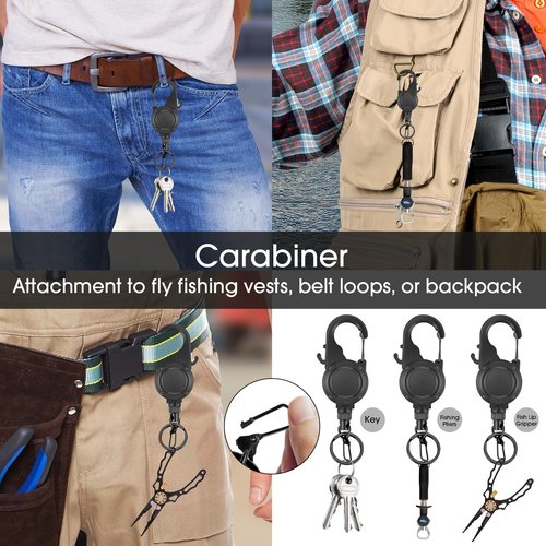 pasezenn Fly Fishing Zinger Retractor,26" Stainless Steel Wire Rope, with Integrated Line Cutter,360° Rotation Keychain & Carabiner Clip for Fly Fishing,Cycling,Hiking (2 PCS)