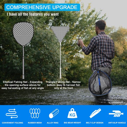 LBW Collapsible Fishing Net with Telescoping Handle, Folding Kayak Net for Freshwater or Saltwater, Trout Catfish Bass Rubber Landing Net