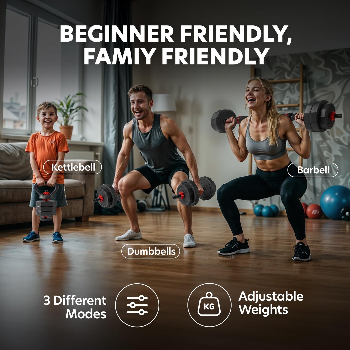 AmStaff Fitness 3-in-1 Adjustable Set: Dumbbell, Kettlebell, Barbell, 12-Level Weight Adjustment, Multi-Use Home Gym Gear for Men & Women (42lb)