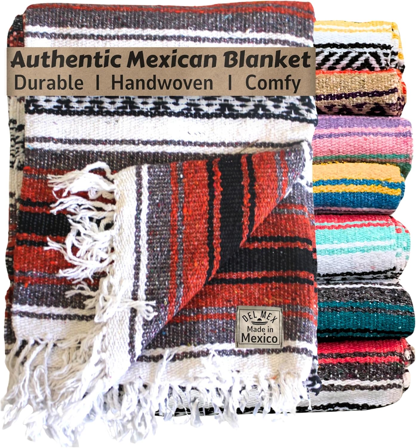 Authentic Del Mex Large Mexican Blanket - Woven Falsa Throw (70"x50") for Beach, Yoga & Outdoor Decor - Pink/Tan