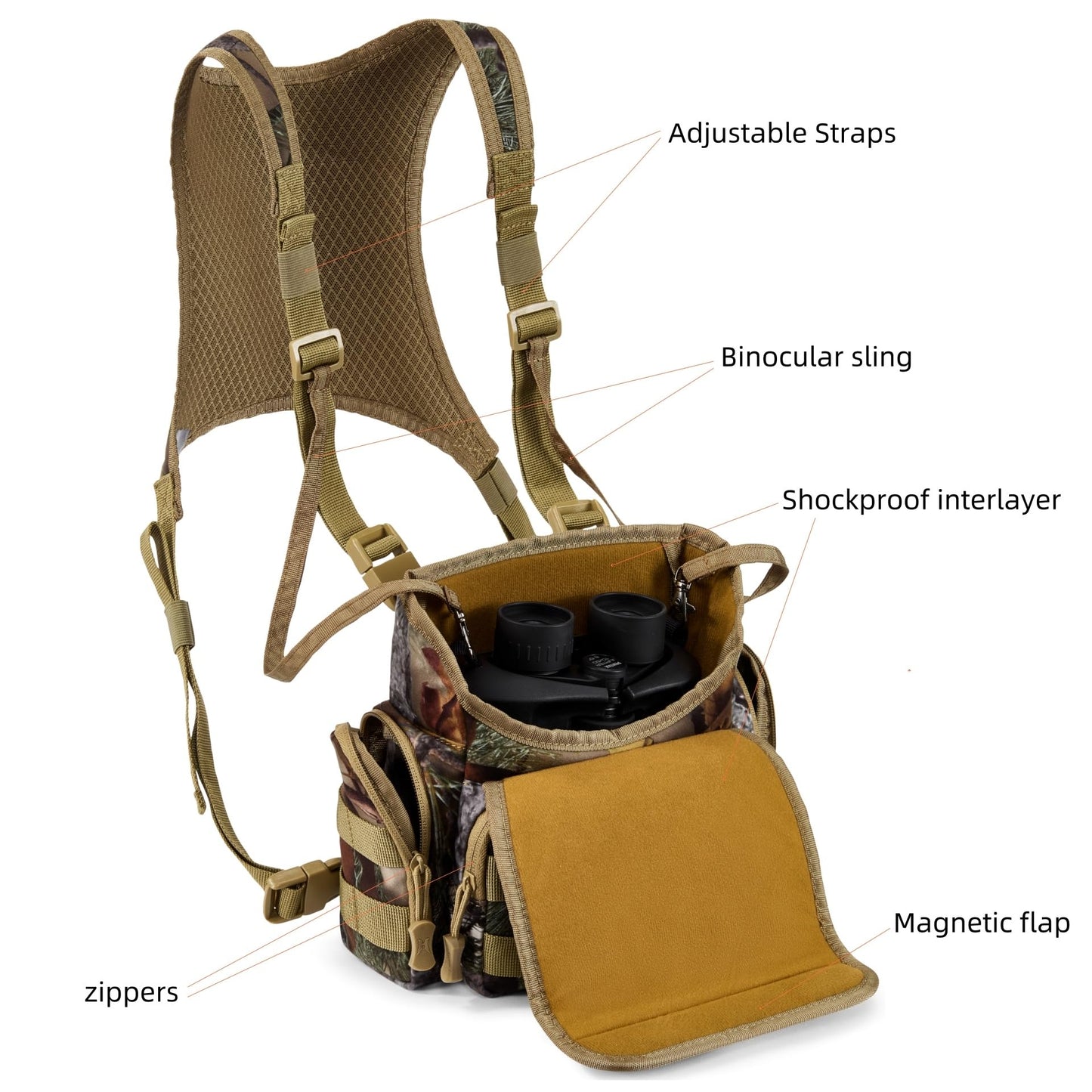 AMHEH Binocular Harness Bino Bag Hunting Chest Pack with Rangefinder Pouch | Magnetic Flap, Silent, Anti Glare, Birding, Hiking, Fits Up to 56 Inches Chests (Camo)