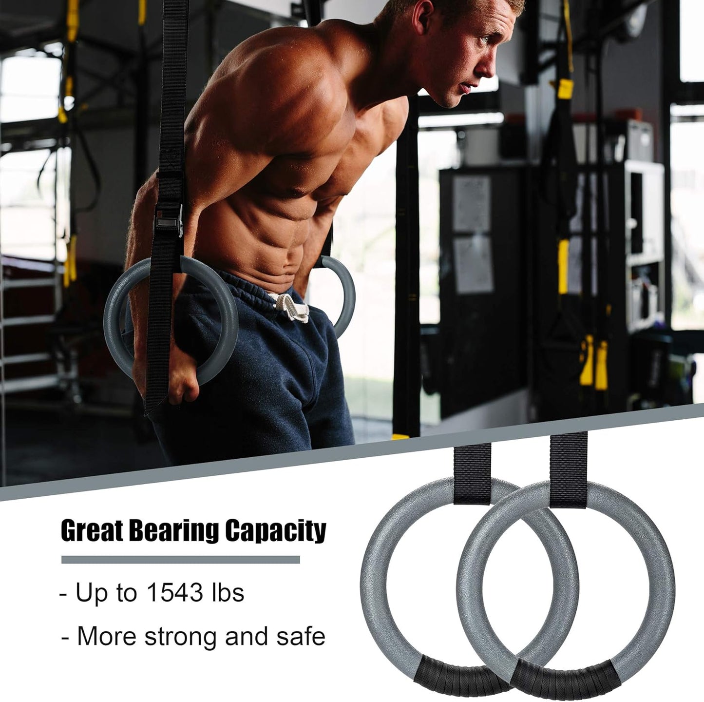 PACEARTH Gymnastic Rings 1100lbs Capacity with 14.76ft Adjustable Buckle Straps Pull Up Exercise Rings Non-Slip Rings for Home Gym Full Body Workout