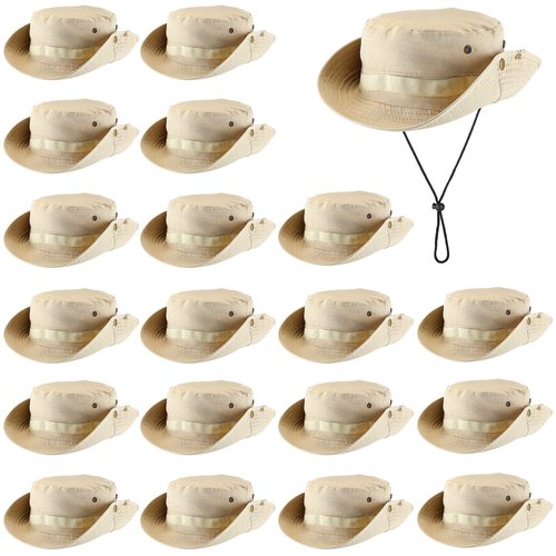 Xtinmee 20 Pcs Boonie Hat Bulk Wide Brim Bucket Hat Safari Hats Outdoor Sun Hats for Hiking Camping with Adjustable Strap(Khaki)