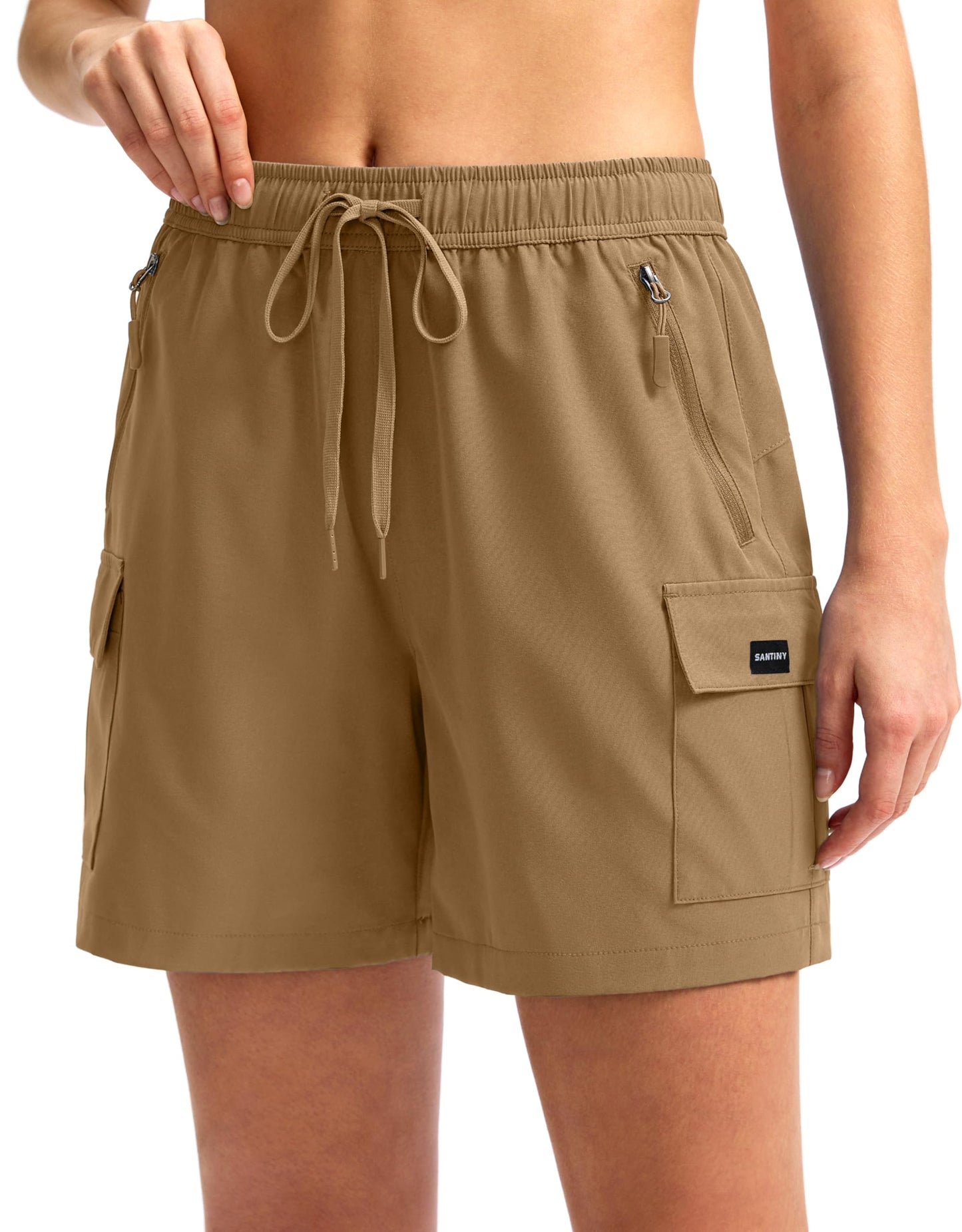 SANTINY Women's 5''/ 7''/9'' Hiking Cargo Shorts Quick Dry Lightweight Summer Shorts for Women Athletic Golf Zipper Pockets(Dark Khaki_L)