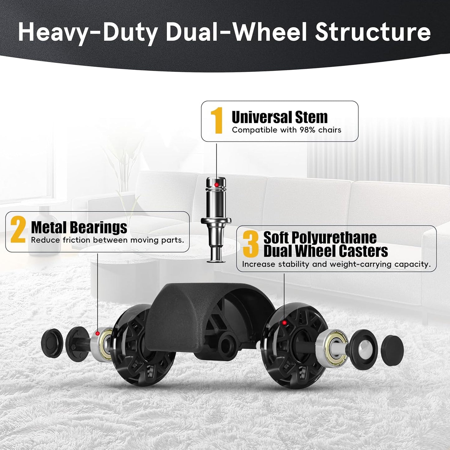 Mastery Mart Office Chair Caster Wheels for Hardwood Floors, Heavy Duty and Quiet Smooth Rollerblade Wheels for Office Chair, Universal Size (11x22mm), Suitable for Most Chairs