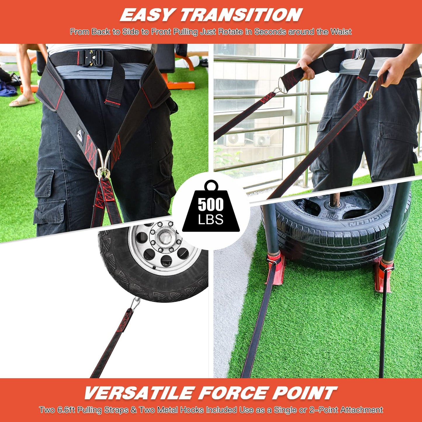 ATENTO Sled Pulling Belt, Adjustable Closure Sled Training Waist Belt,Weight Sled Pull Belt for Tire or Sled Pulling, Squat,Leg Muscles Strength Training, Agility, Resistance Training, Core Power Workout, Belt for Pulling with 2 Pulling Straps & 4 Hooks I