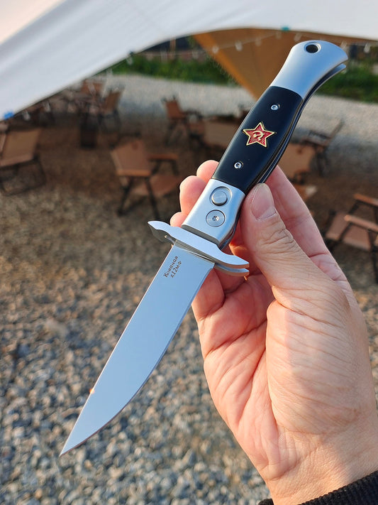 Russian Finka-NKVD KGB Folding Pocket Knife,3.74" Mirror Polished X12M Steel Blade,Aviation Aluminum Inlaid Resin Handle,Cowhide Sheath (Black handle)