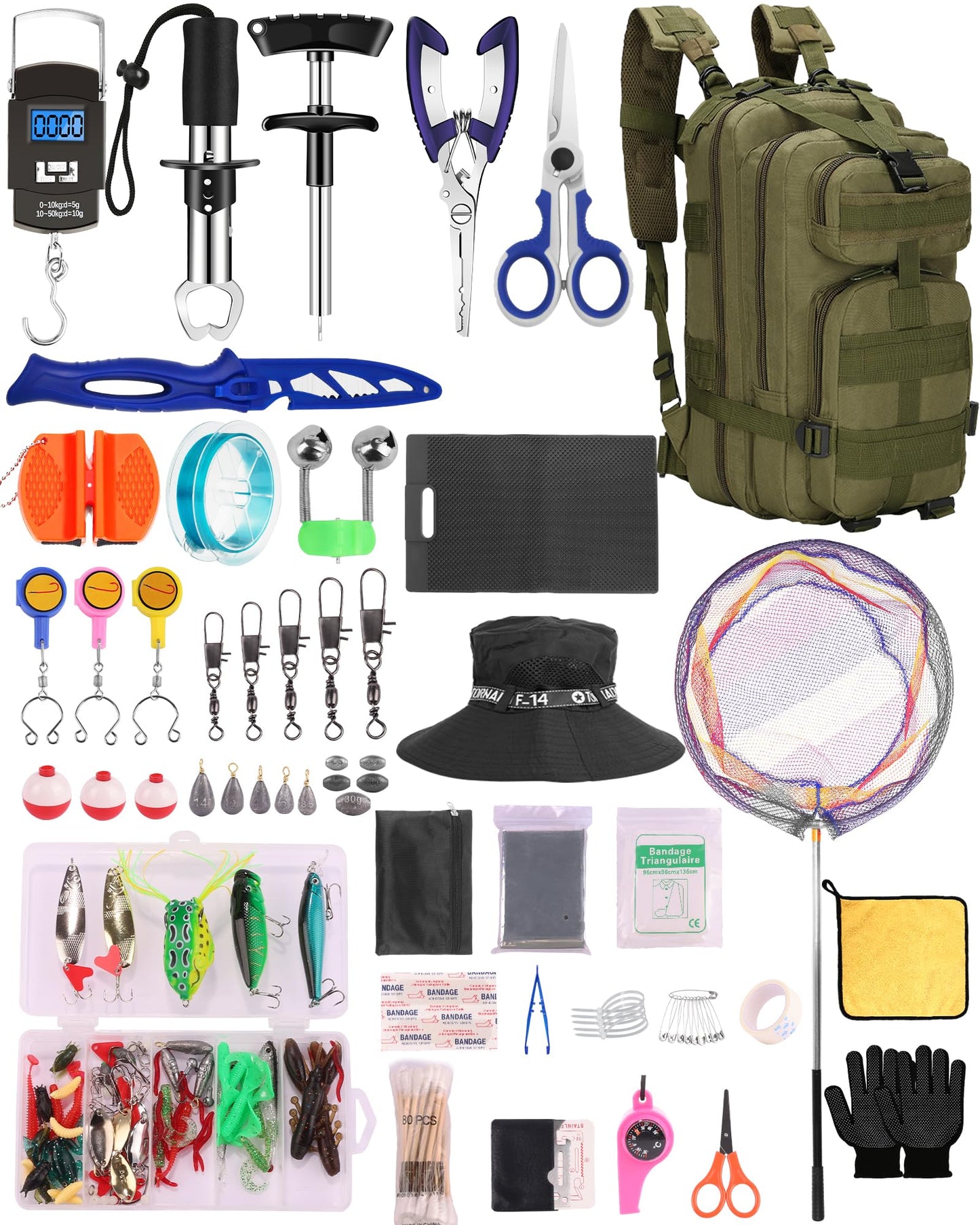 AOFUXTI Fishing Tool Kit - Fishing Pliers Kit, 112Pcs Fishing Gear and Equipment, with Fish Hook Remover, Fishing Scale, Fishing Scissors, Fish Lip Gripper, Fishing Lures (Blue and Fisherman's hat)