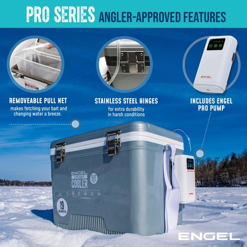 ENGEL 7.5 Quart Live Bait Cooler PRO for Fishing - Portable Minnow and Bait Bucket with Lithium-Ion Rechargeable Aerator - Silver (7.5Qt)