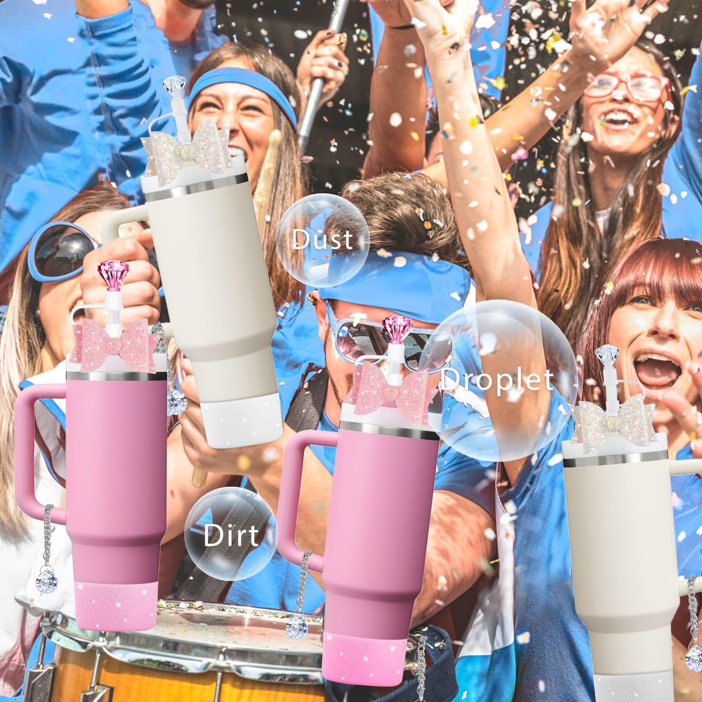 8Pcs Diamond Accessories for Stanley Cup Glitter Straw Topper Silicone Boot Bow Tie Crystal Handle Charms for Stanley Cup 30&40 Oz Pink Tumbler Cup Water Bottle Accessories Set Reusable Straw Cover