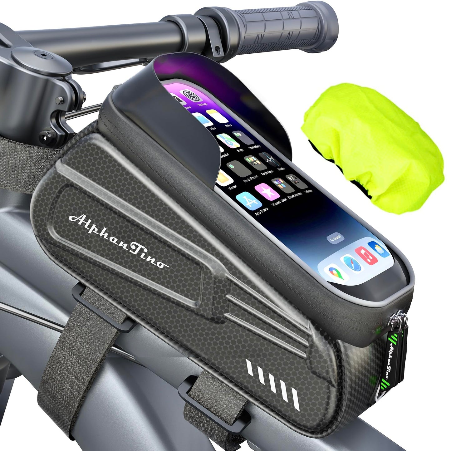 Alphantino Bike Phone Holder Bag - Waterproof Hard Case Large Capacity Top Tube Front Frame Bicycle Pouch Cycling Mount, Bike Accessories, TPU Touch-Screen & Sun-Visor (Green ZIpper)