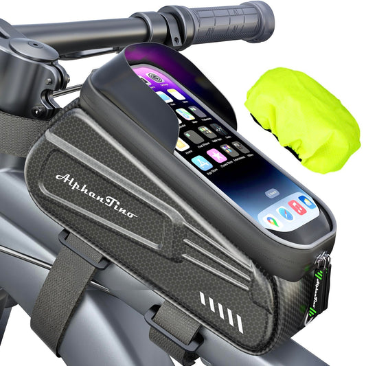 Alphantino Bike Phone Holder Bag - Waterproof Hard Case Large Capacity Top Tube Front Frame Bicycle Pouch Cycling Mount, Bike Accessories, TPU Touch-Screen & Sun-Visor (Green ZIpper)