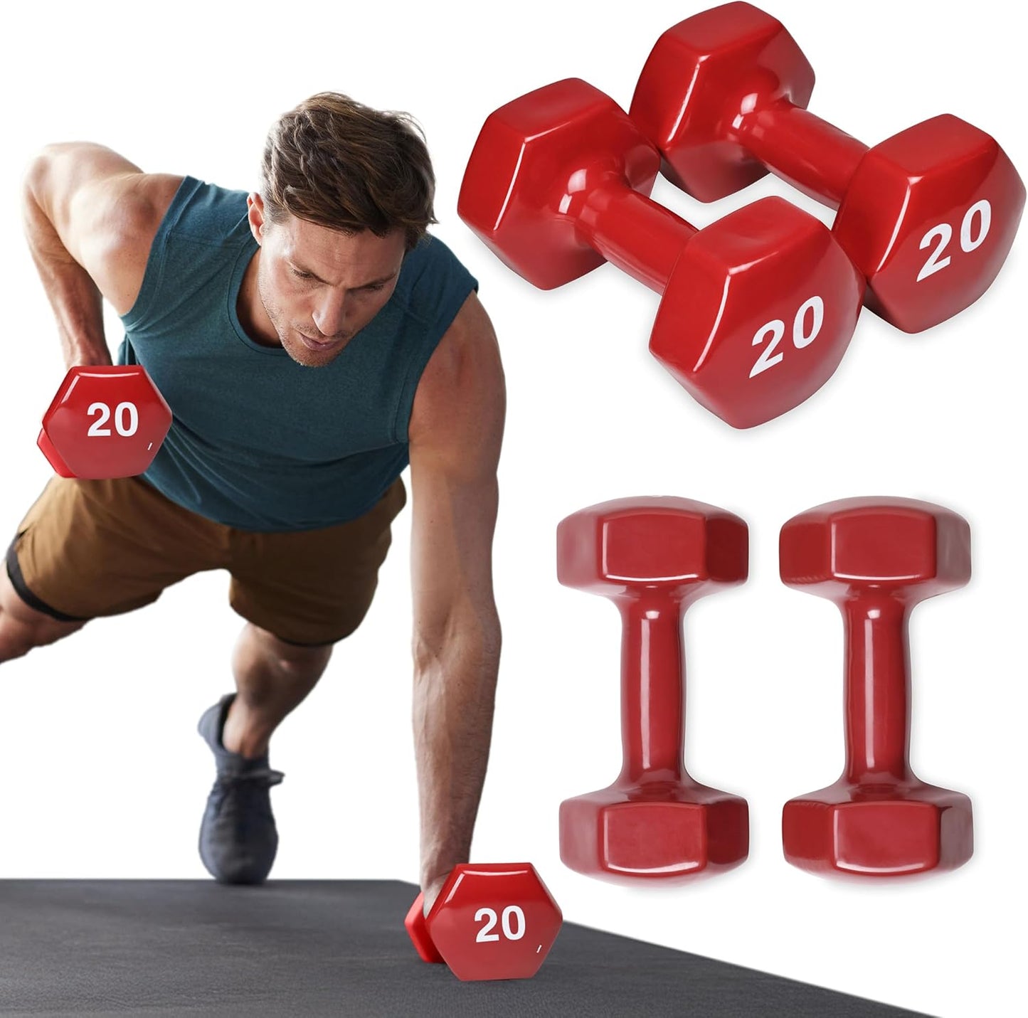 SPRI Dumbbells Hand Weights Set of 2 - Vinyl Coated Exercise & Fitness Dumbbell for Home Gym Equipment Workouts Strength Training Free Weights for Women, Men (1-10 Pound, 12, 15, 18, 20 lb)