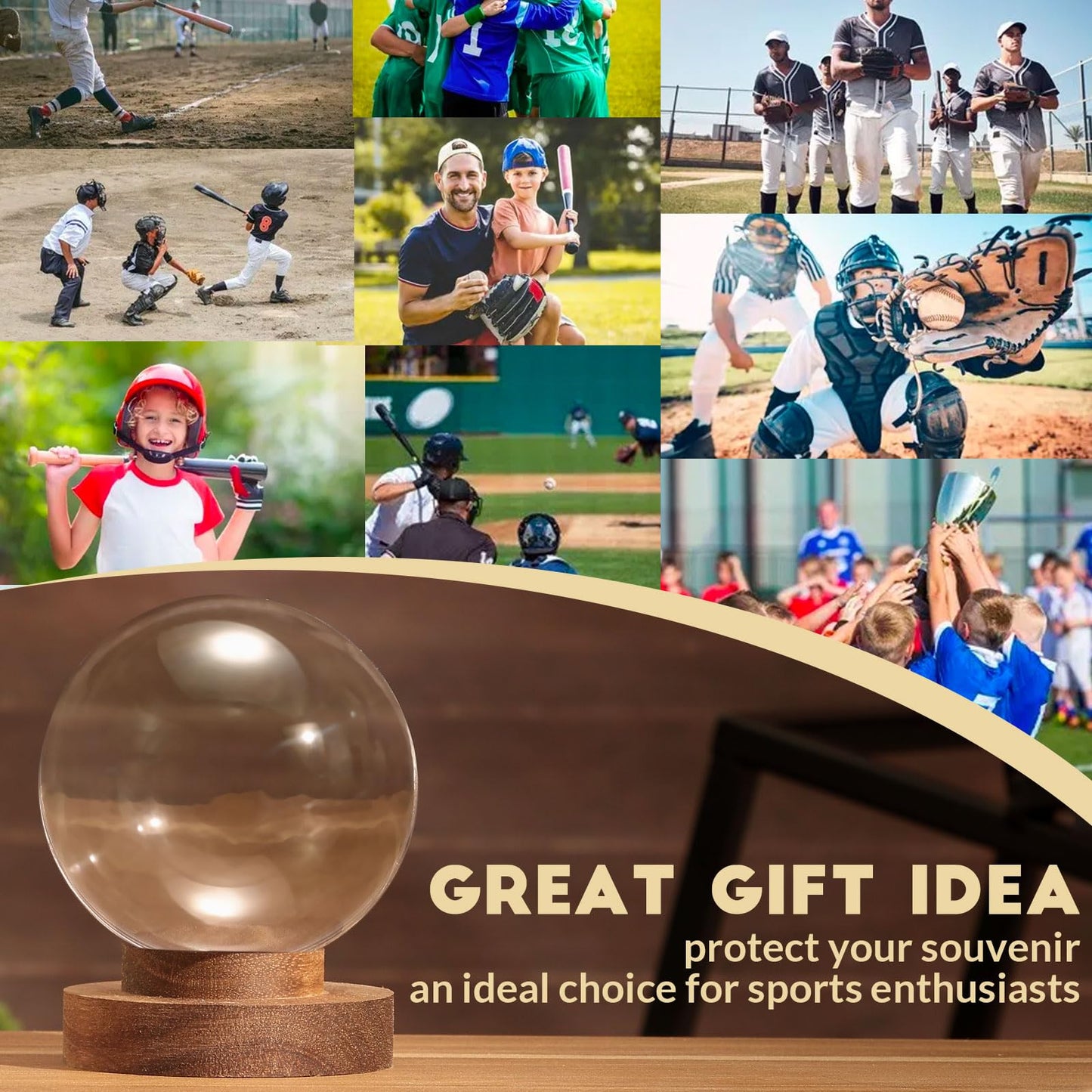 JupDec Baseball Display Case, Round Clear Ball Holder with Wooden Base, Autograph Baseball Stand Box for Single Ball, Acacia Wood, Brown