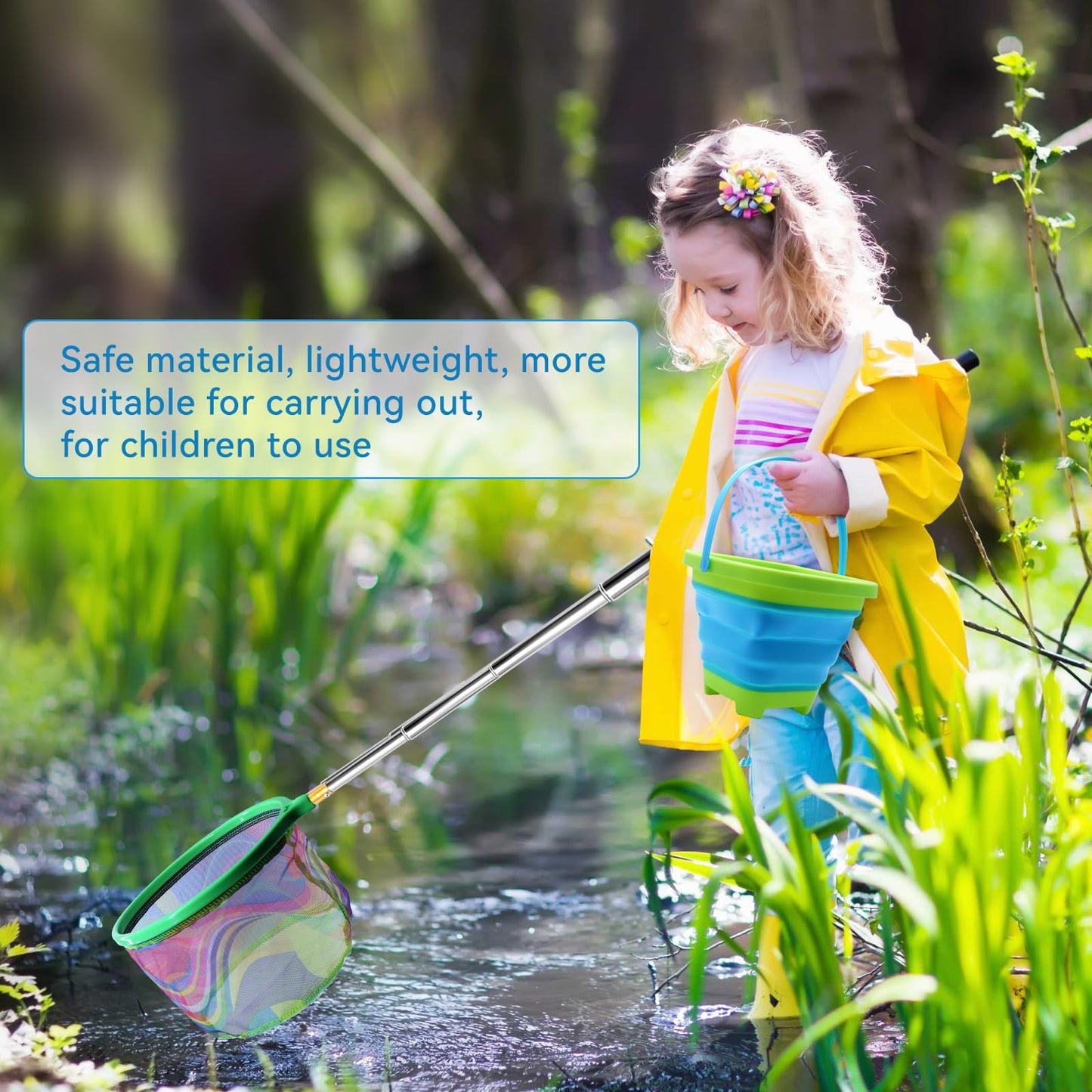 Autokcan 2PCS Fishing Net with Bucket, Telescopic Fishing Landing Net, Collapsible Kids Sand Bucket, Kids Fish Butterfly Catching for Freshwater Saltwater Outdoor Activities