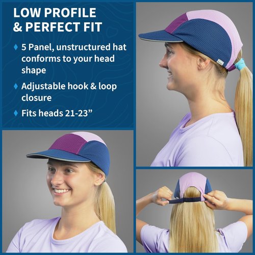 TrailHeads Summer Running Hat for Women with Soft Foam Brim & Reflective Trim – Quick Drying Cap with 5 Panel Design for Outdoors Navy-Purple-Lilac