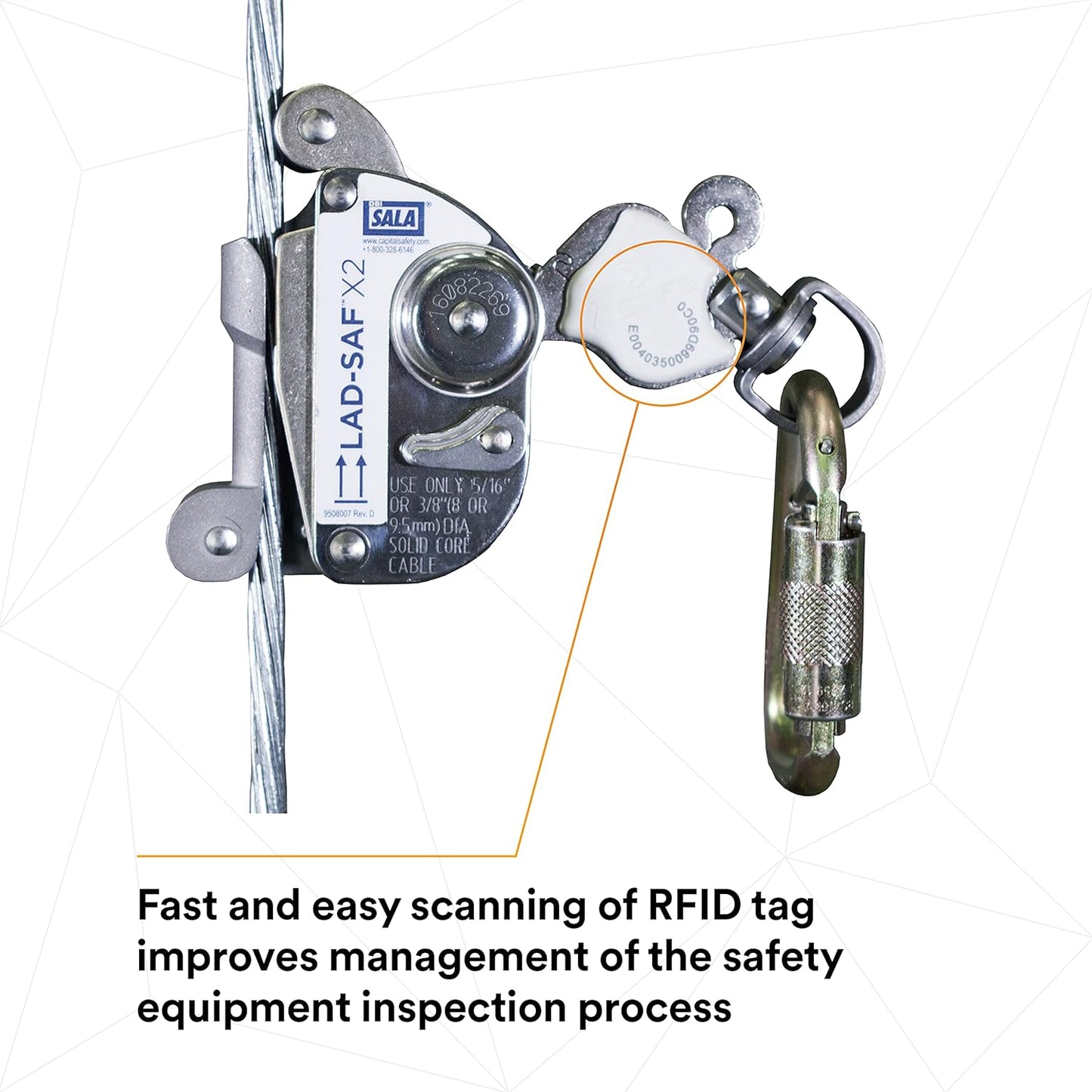 3M DBI-SALA 6160030 Lad-Saf Sleeve with Carabiner, Cam and Inertial Locking Fits 3/8"" and 5/16"" Diameter, Silver
