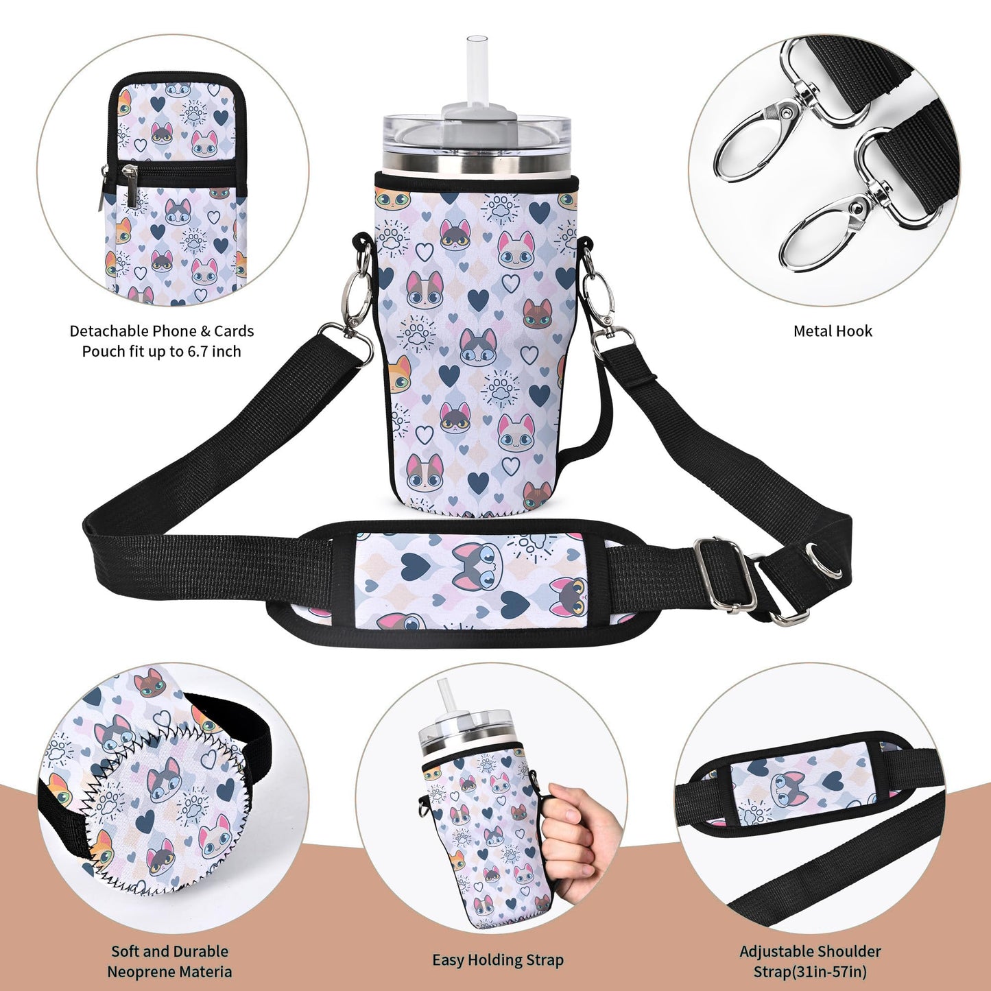 AUPET Water Bottle Holder Carrier Bag fit for 30/20 /14 oz Stanley Flowstate IceFlow Yeti Tumbler,Cup Accessories Sleeve Sling with Phone Pouch & Strap (Cute cat Heart, fit for Tumbler 20oz)