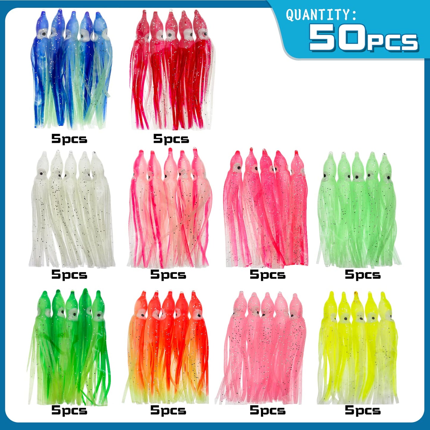 Gefischtter 50PCS Squid Swimbait Fishing Soft Plastic Lures Glow Octopus Skirt Worm Lure Kit for Sea Fishing (3.54in)