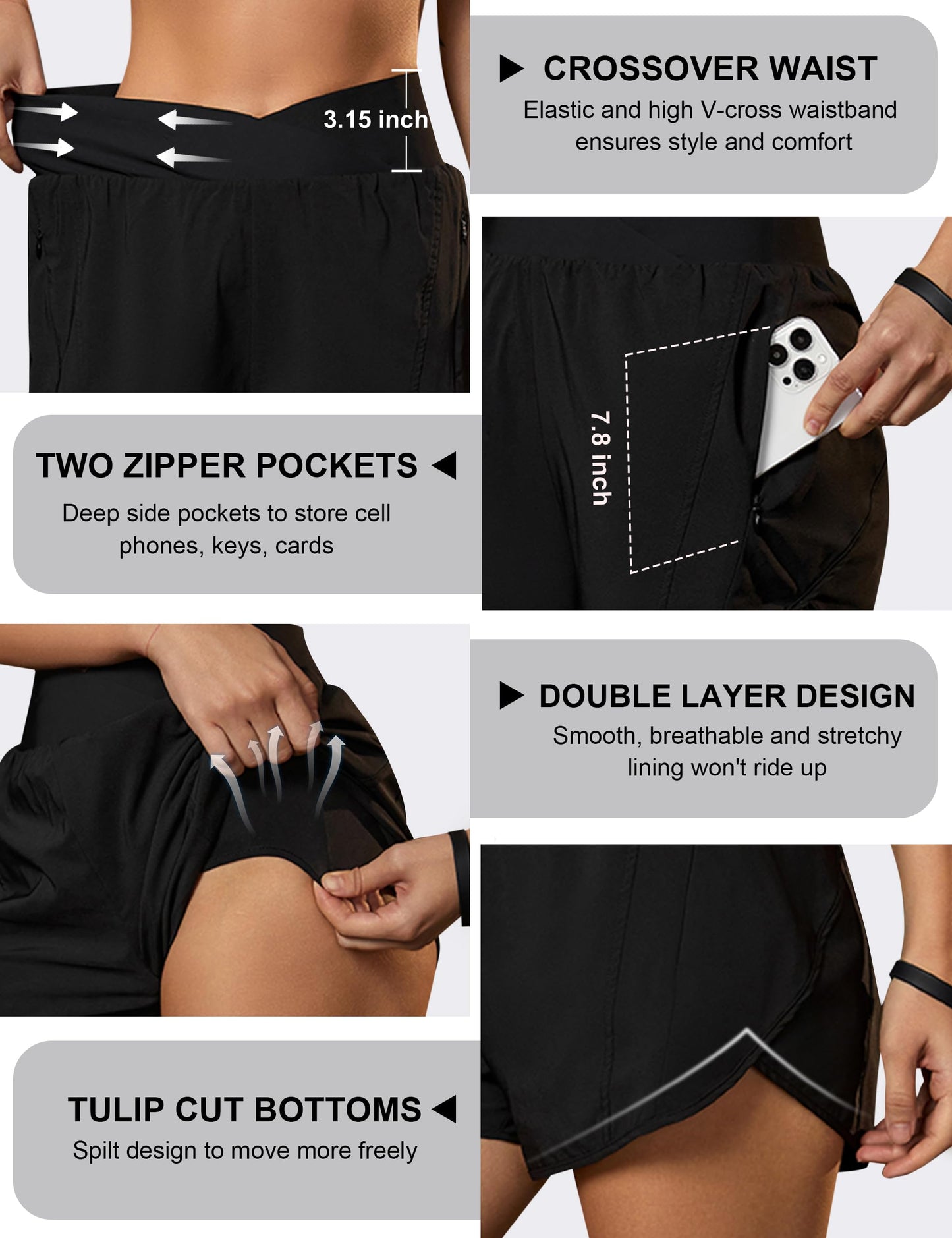 Blooming Jelly Women's Workout Shorts Athletic Running Crossover High Waisted Gym Sport Yoga Shorts with Zipper Pockets (Black with Yellow,Small)