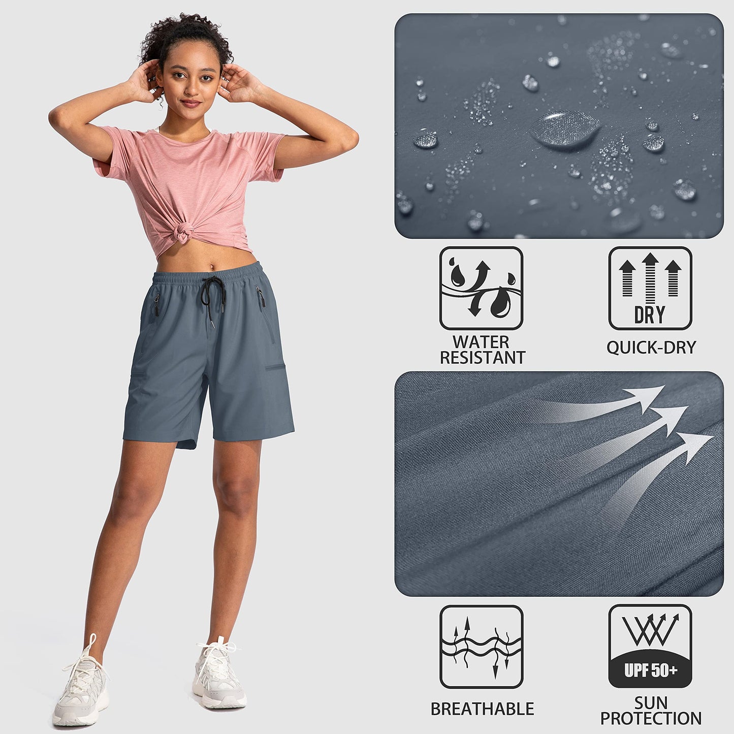 SANTINY Women's 5''/ 7''/9'' Hiking Cargo Shorts Quick Dry Lightweight Summer Shorts for Women Athletic Golf Zipper Pockets(Dusty Blue_M)