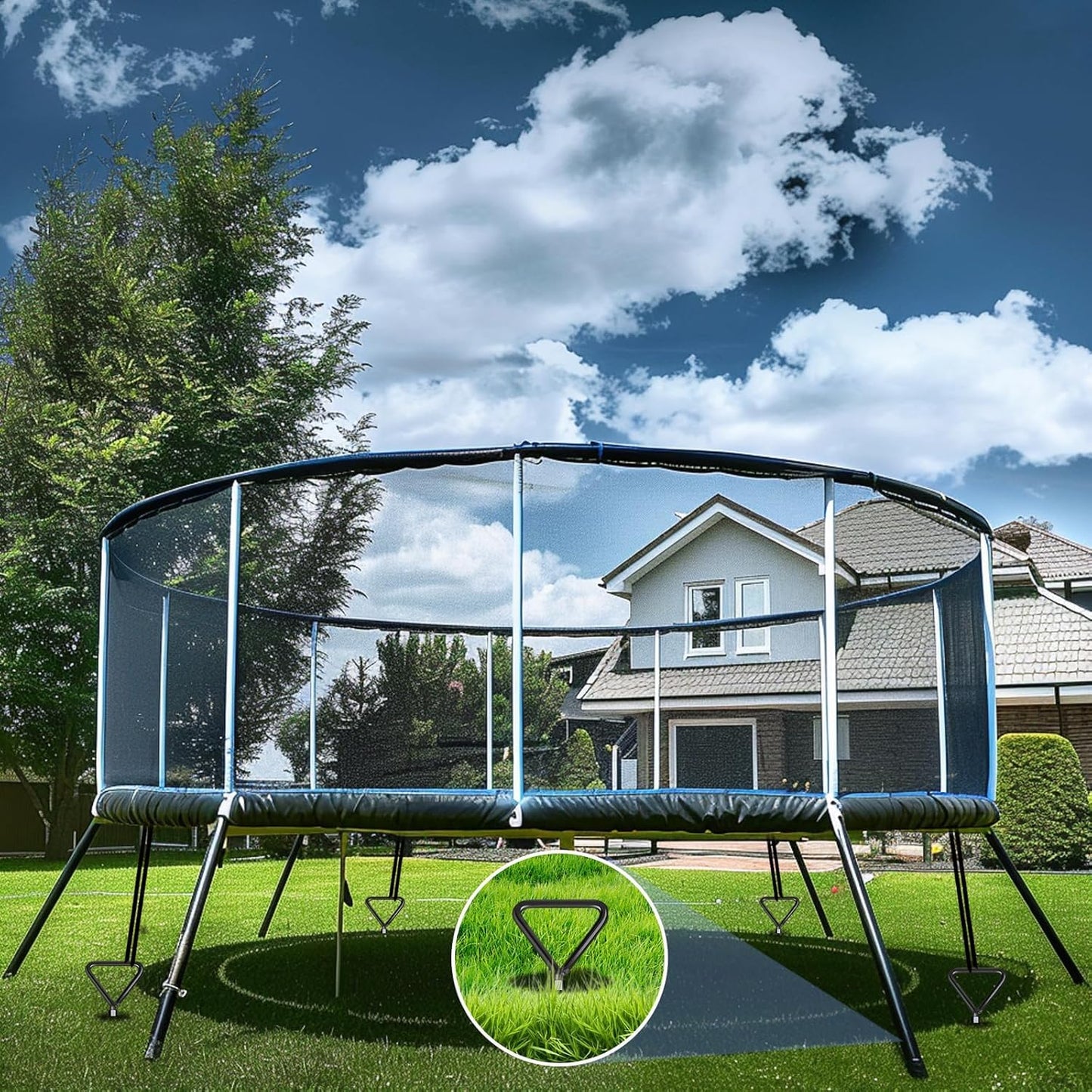 Trampoline Stakes Ground Anchors Screw in, Trampoline Anchors with Strong Straps, Spiral Earth Swing Set Anchor Heavy Duty for Trampolines(Black-8Pack)