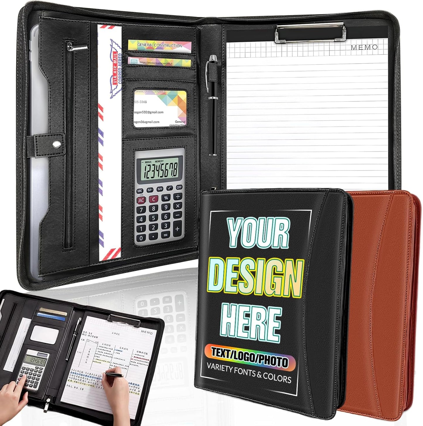 Personalized Portfolio Leather Custom Padfolio for Men Women Customized Binder with Logo/Text/Photo, Professional Folio with Zipper for Business, Interviews, Resumes-Black
