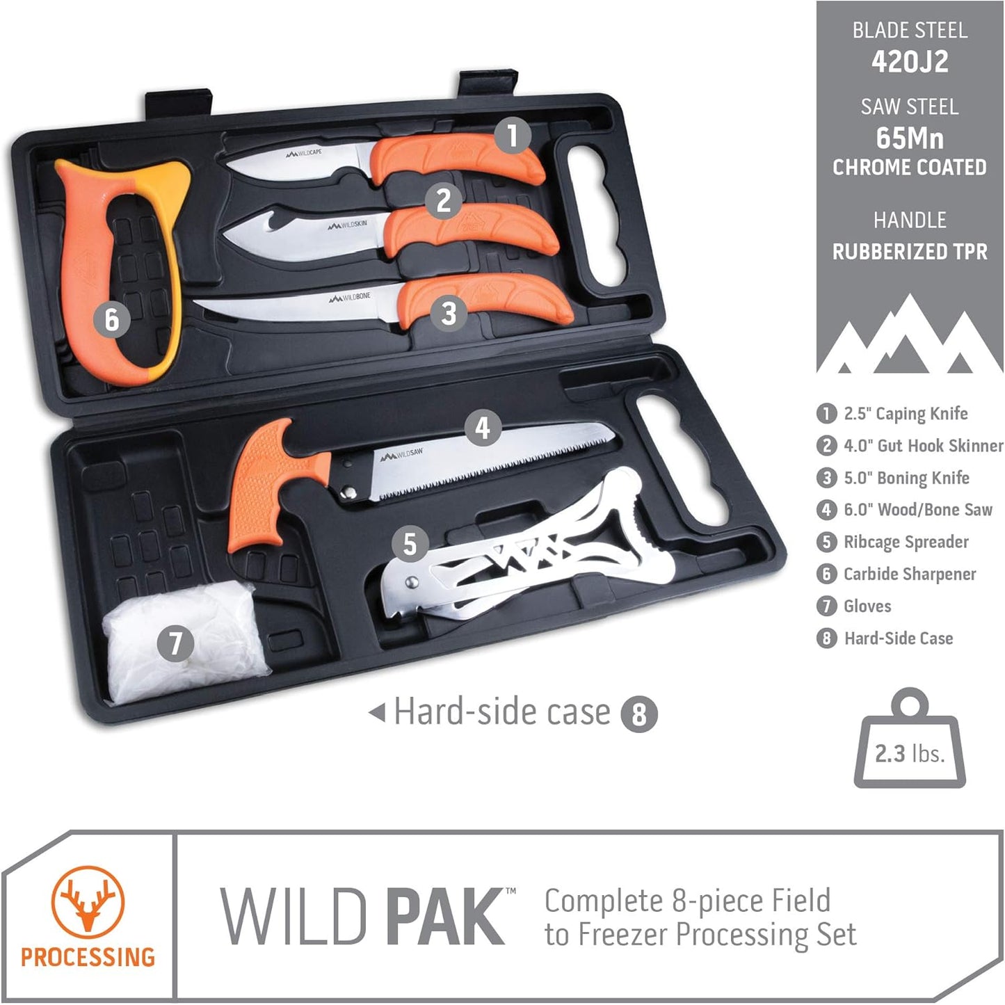 OUTDOOR EDGE WildPak, 8-Piece Field to Freezer Hunting & Game Processing Knife Set with Caping Knife, Gut-Hook Skinner, Boning/Fillet Knife, Wood/Bone Saw, Spreader, Gloves, and Hard-Side Carry Case