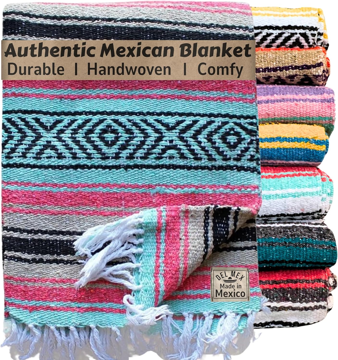Authentic Del Mex Large Mexican Blanket - Woven Falsa Throw (70"x50") for Beach, Yoga & Outdoor Decor - Pink/Tan