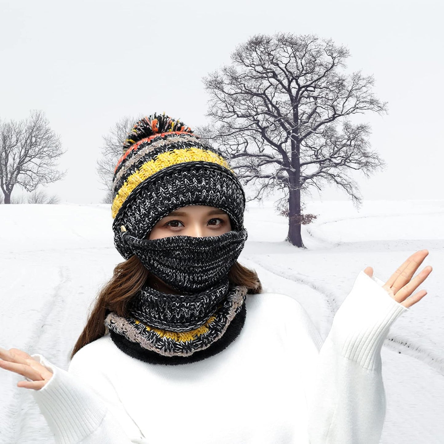 Ypser Women's Winter Warm Knitted Crochet Hat Fleece Lined Cable Faux Fur Pom Pom Beanie Hat Skull Cap