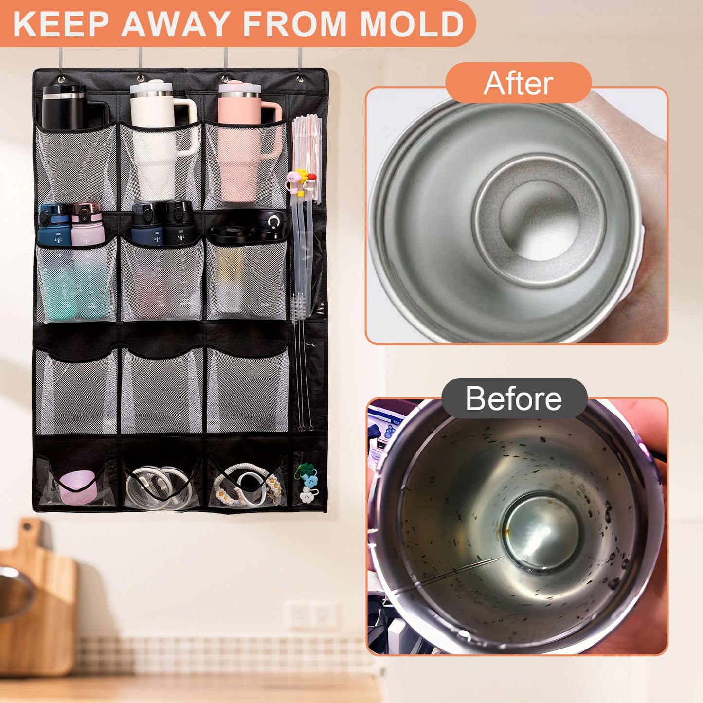 JUQINME Water Bottle Organizer for Stanley Cup, 9 Large Capacity Pockets Water Bottle Holder for Stanley 40oz Tumbler Hanging Bag Over the Door for Stanley Cup Accessories Lids Kitchen Cabinet Pantry